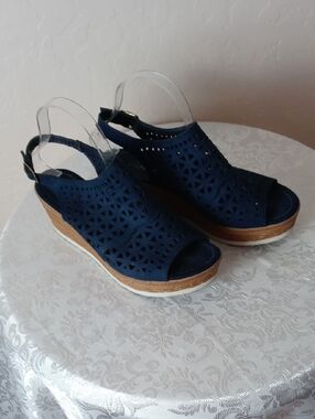 Cucos Navy Laser-Cut Slingback Wedge Sandals